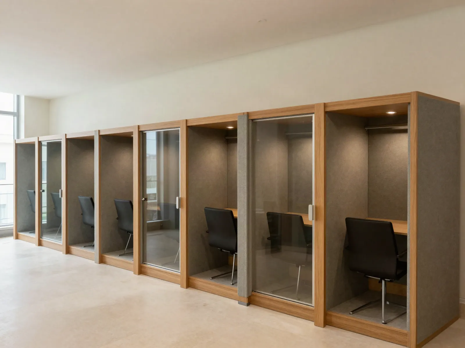 A row of acoustic phone booths along an office wall, each with a glass door, oak trim and felt-lined interior.