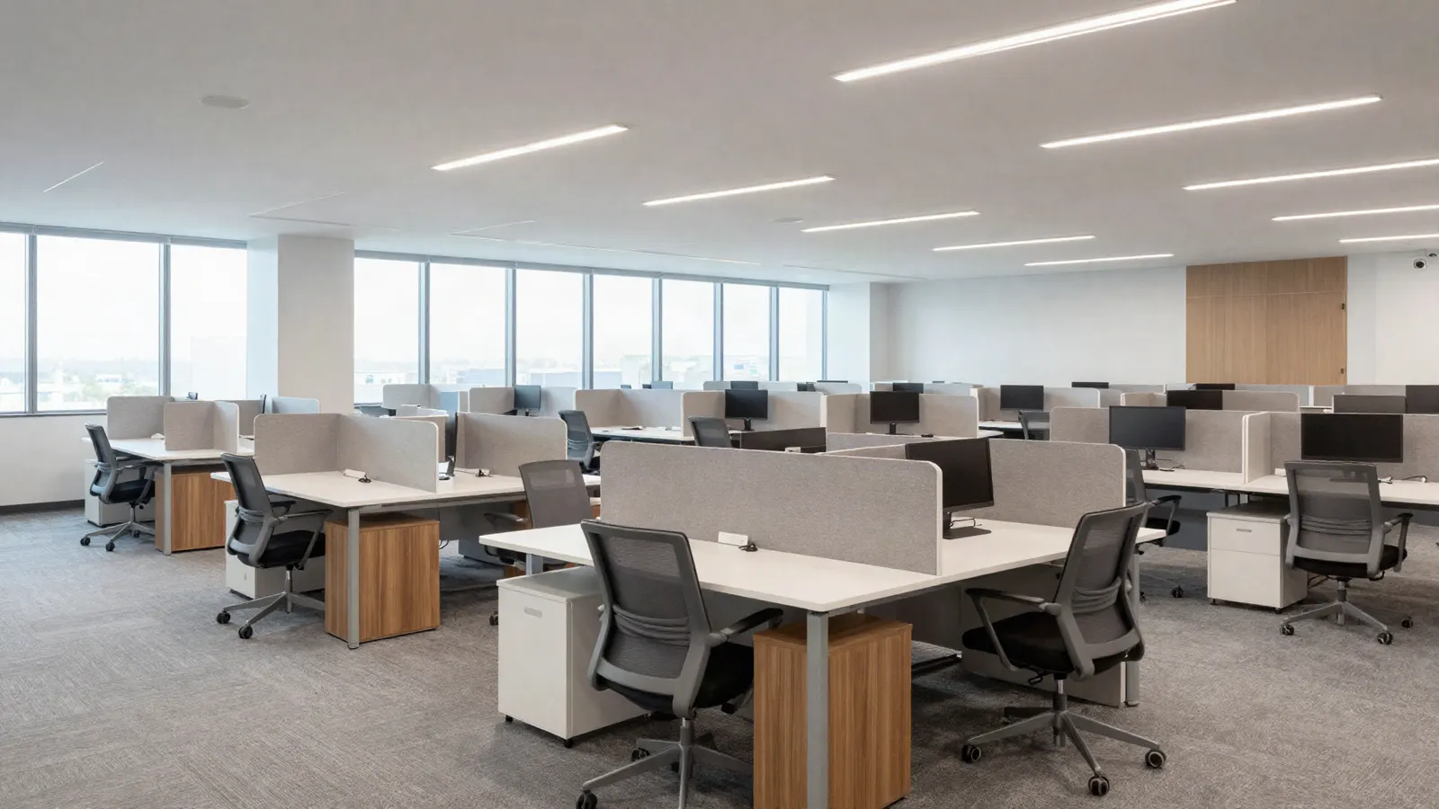 An empty office floor of dense bench desking: white worktops on oak-panelled legs in long facing rows, grey mesh task chairs, low fabric screens down each spine, recessed linear lighting and a run of windows along the far wall.