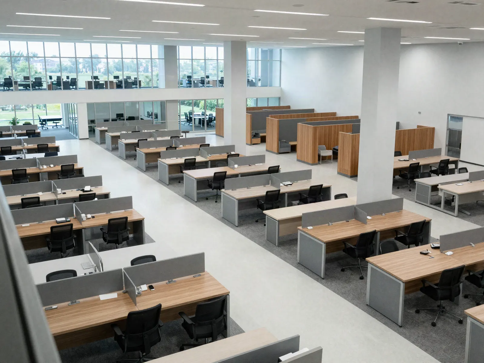 A high vantage across a large empty office floor: blocks of bench desking in neat clusters, a wide pale circulation route cutting between them, a run of glass-fronted rooms and timber booths along the far side, and a double-height glazed wall beyond.