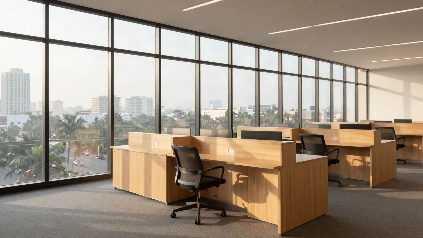 The daylit perimeter of an office floor: full-height glazing in slim dark frames along one side, oak bench desks set parallel to the glass with the sun raking across them, and a city of low towers and palm trees beyond.