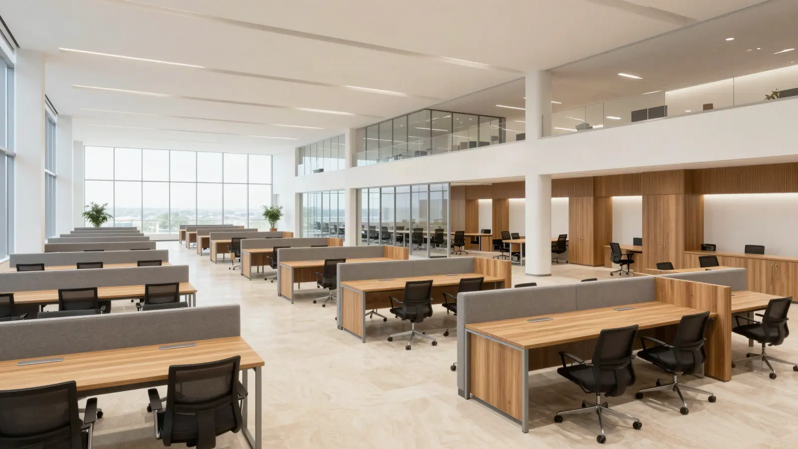 A large open office floor: long parallel rows of bench desking, glass-fronted meeting rooms to the rear, a pale limestone floor and tall daylit windows.