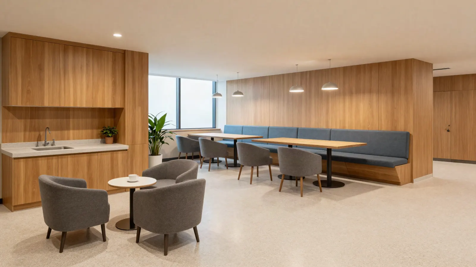 An empty breakout and tea point: a run of oak joinery with a stone worktop and sink, a long blue banquette with oak tables and chairs, low grey lounge chairs on terrazzo, and pendant lights above.