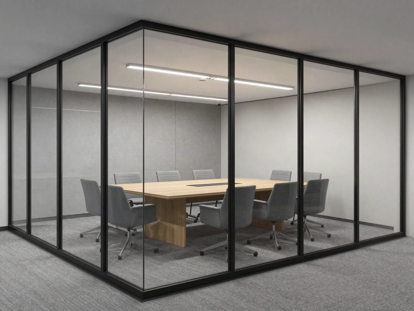 An empty glass-fronted meeting room seen from the open plan: a long oak table with eight grey upholstered chairs, full-height glazing in slim matte black frames, a linear light above and grey carpet underfoot.