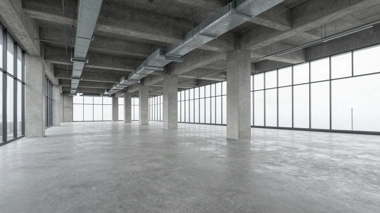 A vast empty concrete floor plate before fit-out, seen down its length: a double row of square columns receding into the distance, exposed ductwork and services across the soffit, and full-height glazing along both flanks.